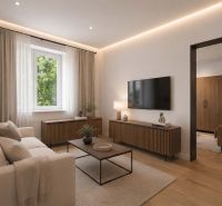 Living room in a family house with wood-patterned flooring, beige sofa, and TV.