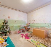 Children's room with a decorated tree, drawings on the walls, and plush toys in a family house.