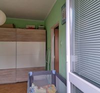 A room in a 2-room apartment with a large wardrobe, wooden decor, and green walls.