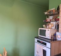 A kitchen in a 2-room apartment with a microwave and open shelves.
