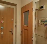 The entrance hall of a 2-room apartment with decoration on the door and a mirror on the wall.