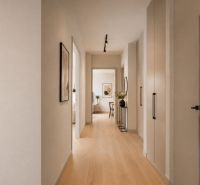 A hallway in a 3-room apartment with a wooden decor floor and modern furniture.