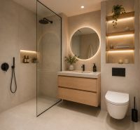 A bathroom in a 3-room apartment with a wooden decor floor, a mirror, and a shower corner.