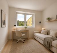 A bright room with a sofa, table, and wood-decorated floor in a three-room apartment.