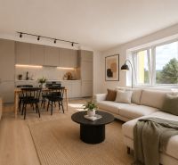 A spacious living area in a 3-room apartment with a light sofa and a wooden decor floor.