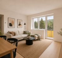 Living room in a 3-room apartment with a wooden decor floor and large windows to the terrace.