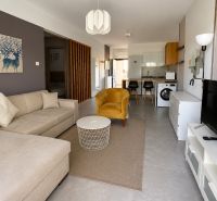 Studio apartment with a beige sofa, kitchen, washing machine, and wall decorations.