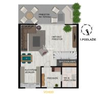 Floor plan of a family house with a living area, kitchen, dining room, and terrace.