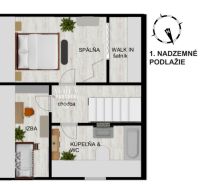 Floor plan of the upper floor of a family house with a bedroom, walk-in closet, and bathroom.