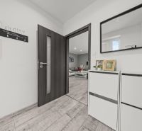 Entrance hall of a family house with a mirror, a chest of drawers, and a wooden decor floor.