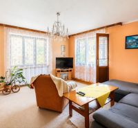 Living room with cream walls, an orange armchair, and a gray sofa in a family house.