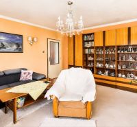 Living room in a family house with an armchair, a sofa, and a display cabinet full of ceramics.