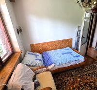 A room in a family house with an old carpet, an armchair, and a bed by the window.