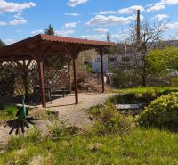 The garden of a family house on Ľ. Štúra Street in Veľký Krtíš with a gazebo and greenery.
