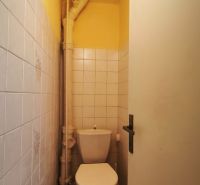 A small, narrow toilet with tiles in a family house with white tiles.