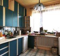 A kitchen in a family house with blue cabinets and a large window, a homely atmosphere.