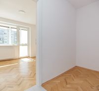 A bright room in a 3-room apartment with a wood-patterned floor and a large window.