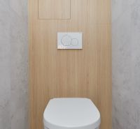 Toilet with a concealed system, floor with wood decor in a 3-room apartment.