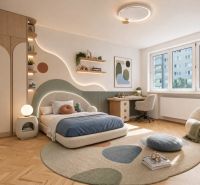A children's room with light colors, a wooden decor floor, and a circular rug in a three-room apartment.