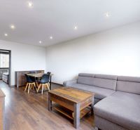 Living room with a sofa, dining table, and wooden decor flooring in a 4-room apartment.