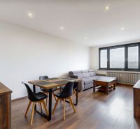 Living room with seating, table, and wooden decor flooring in a 4-room apartment.