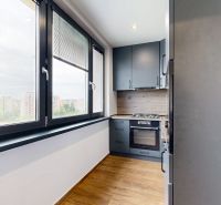 A kitchen in a 4-room apartment with a view, wooden decor flooring, modern equipment.