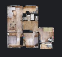 Floor plan of a 4-room apartment with wood-patterned flooring and furnishings.