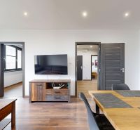 Interior of a 4-room apartment with wood decor flooring, a television, and wooden furniture.