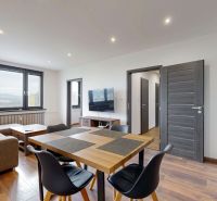 Living room in a 4-room apartment with a sofa, dining table, and wooden decor flooring.