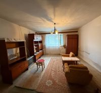 A room in a family house with furniture on a wooden-decor floor and a carpet.