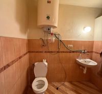 Bathroom with toilet, water heater, sink, wooden decor flooring in a family house.