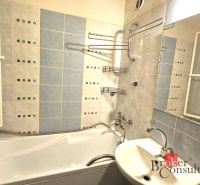 A bathroom in a 4-room apartment with a bathtub, sink, and blue tiles.