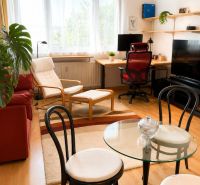 Living room in a two-room apartment with a wooden decor floor and a work corner.