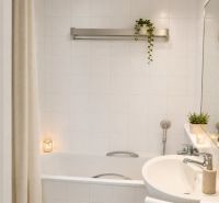 A bathroom with a bathtub, a sink, a plant, and white tiles in a 2-room apartment.