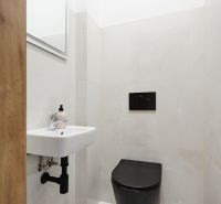 A bathroom with a black toilet, sink, and mirror in a three-room apartment.