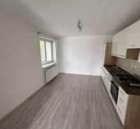 A kitchen with a white unit in a 3-room apartment, a floor with a wooden decor, a large window.
