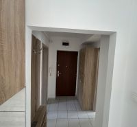 Entrance hallway with closets and tiles in a 3-room apartment.
