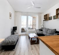 Living room with wood-patterned flooring, a sofa, and a television in a two-room apartment.