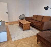 Living room in a two-room apartment, brown sofa, coffee table, wooden decor flooring.