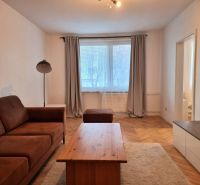 Living room in a two-room apartment with a sofa, table, and wooden decor flooring.