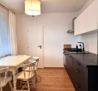 A kitchen in a 2-room apartment with a dining area and a wooden decor floor.