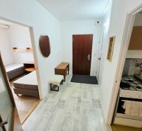Entrance hall of a 3-room apartment with a kitchenette and a view into the bedroom.