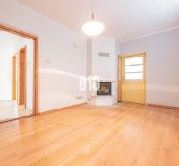 Interior of a family house with a wooden decor floor and a fireplace.