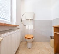 A toilet with a window, radiator, and storage space in a family house.