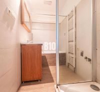 A bathroom in a family house with a shower, a sink, and a radiator, floor with a wooden decor.