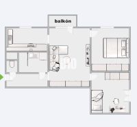 Floor plan of a 3-room apartment with a bedroom, living room, kitchen, and balcony.