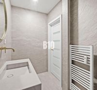 A bathroom with a gold mirror and sink in a 3-room apartment, neutral shades.
