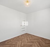 White wall and floor with wood decor in a 3-room apartment.