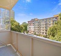 The view from the balcony of a three-room apartment in Nitra overlooking the housing estate and trees.