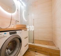 Bathroom in a studio apartment with a washing machine, mirror, and wooden decor flooring.